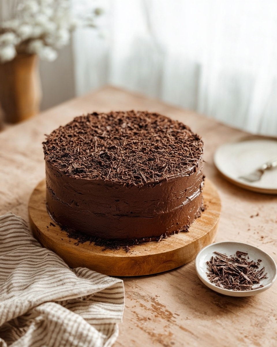 A thick, round chocolate cake with smooth dark chocolate frosting covers all sides, sitting on a wooden board. The top layer is sprinkled with a generous amount of fine dark chocolate shavings, adding texture and contrast to the smooth frosting. The cake is placed on a light wooden table next to a small round white plate holding extra chocolate shavings. Nearby, a beige striped cloth napkin is casually laid out. The background has a white marbled texture, with soft natural light shining through sheer curtains giving a warm and cozy feel. photo taken with an iphone --ar 4:5 --v 7