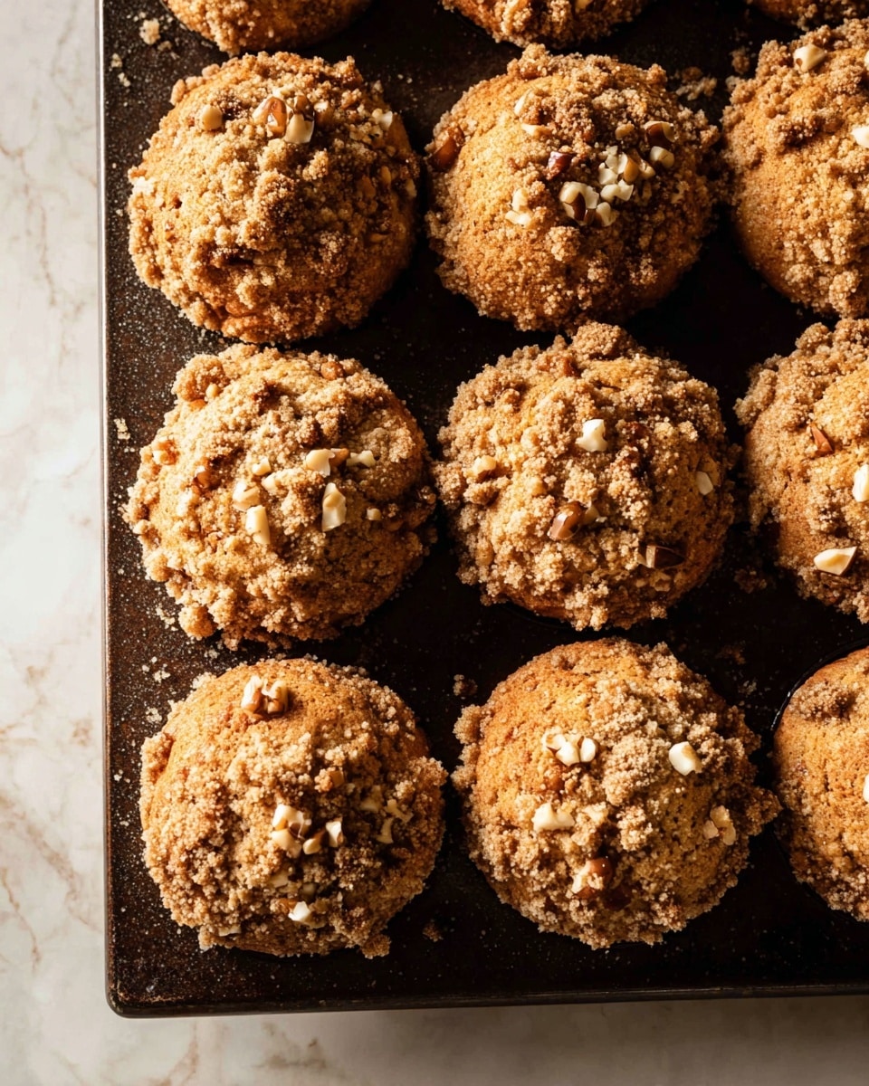 The image shows a close-up of nine crumb-topped muffins arranged in a 3x3 grid on a dark baking tray. Each muffin has a rough, crumbly top layer that is golden brown with small pieces of nuts and streusel. The muffins themselves have a warm brown tone with a slightly rough texture under the topping. The background features a white marbled surface that contrasts softly with the rich warmth of the muffins and tray. photo taken with an iphone --ar 4:5 --v 7