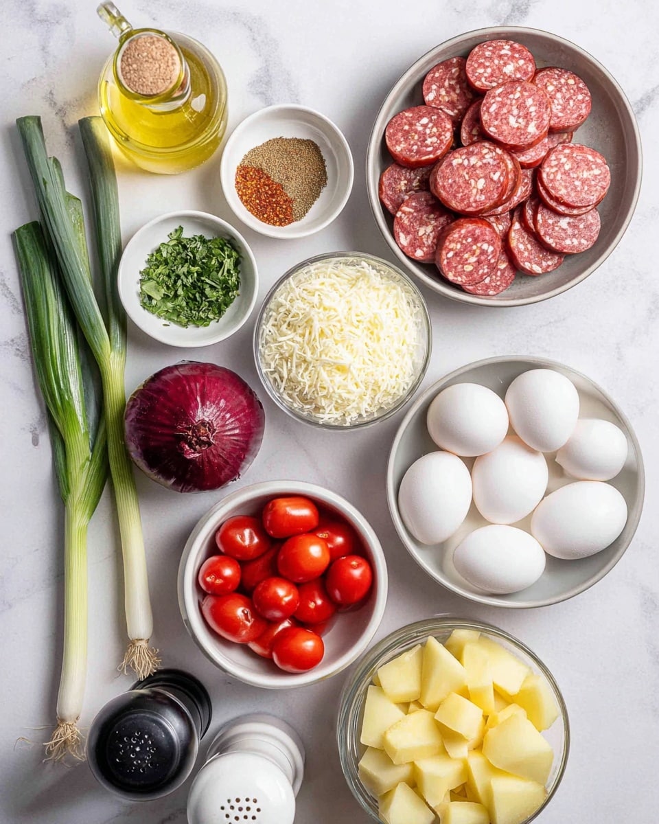The image shows a white bowl filled with about eight smooth white eggs at the bottom right. Above it, there is a grayish bowl filled with round slices of red sausage with white spots. Next to the sausage bowl, a white bowl holds fine shredded white cheese. To the left of the cheese bowl, a small bowl contains chopped green herbs. Below the herbs, there is a small round bowl with brown spices. To the left of that, two long white green onions and one long bright red chili lie diagonally. Above the green onions, there is a dark green avocado and a purple-red onion. Below the onion, a small glass bowl contains several bright red cherry tomatoes. Near the bottom left, a gray bowl holds peeled, cubed yellow potatoes. Around the bowls are a clear glass bottle with yellow oil, a white pepper grinder, and a black pepper grinder, all on a white marbled surface. Photo taken with an iphone --ar 4:5 --v 7
