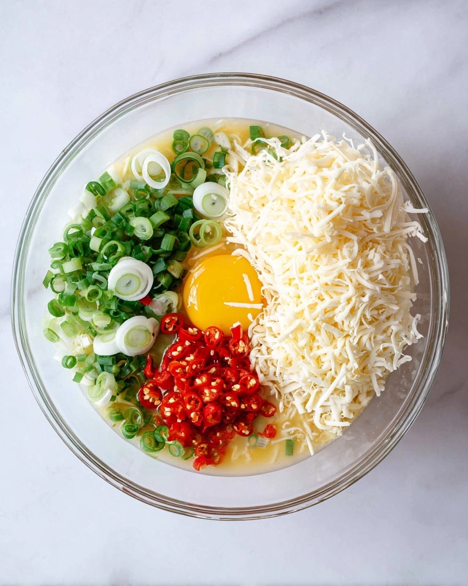 A clear glass bowl sits on a white marbled surface, holding four main ingredients separated but close together. On the right, there's a large pile of shredded white cheese with a soft texture, next to it toward the bottom right is a yellow egg yolk surrounded by transparent egg whites. To the left of the yolk, small, bright red pieces of chopped chili pepper add a strong pop of color. Finally, on the far left, rings of light and dark green scallions fill the space with a fresh texture. Photo taken with an iphone --ar 4:5 --v 7