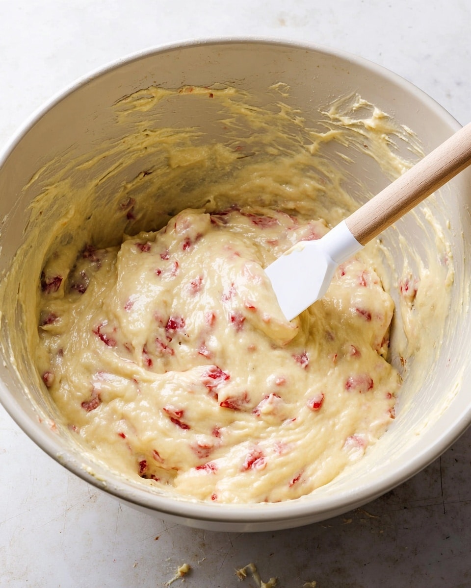A close-up view of a thick, creamy batter in a large white ceramic bowl. The batter is pale yellow with visible small pieces of bright red fruit mixed evenly throughout. A white spatula with a wooden handle is partly immersed in the batter, resting on the right side of the bowl. The bowl sits on a white marbled surface, and there are some batter smears on the inner sides and rim of the bowl. photo taken with an iphone --ar 4:5 --v 7