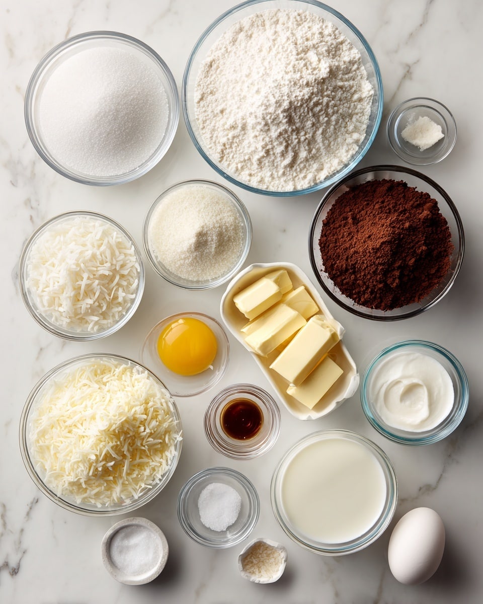 The image shows many clear glass and plastic bowls filled with different baking ingredients, all arranged neatly on a white marbled surface. There is a large bowl of white sugar, a bowl of white powdered sugar, and a bowl of white all-purpose flour. A smaller bowl has brown cocoa powder, and next to it is a small pile of yellow butter sticks. A bowl of shredded white coconut is centered among the ingredients. Smaller glass bowls hold clear water, white milk, light yellow vegetable oil, cream, and two white eggs. Additional ingredients labeled include vanilla extract, coconut extract, baking soda, and salt, all placed close together. Each ingredient is clearly visible and orderly, making it easy to see all the components needed for the recipe photo taken with an iphone --ar 4:5 --v 7