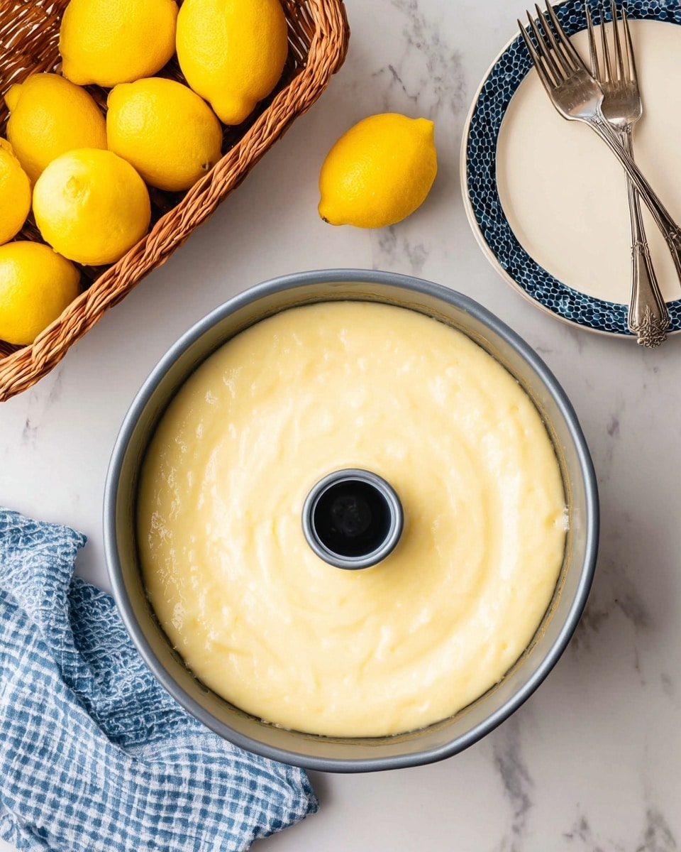 A smooth, light yellow batter fills a round gray bundt pan with a hole in the center, sitting on a white marbled surface. To the upper left, there is a wicker basket holding bright yellow lemons, with some lemons resting outside the basket. On the upper right, a white plate with a dark blue rim holds two silver forks crossed on it. A blue and white checkered cloth is placed near the bottom left corner of the pan. The whole scene feels clean and bright, with fresh, natural colors. photo taken with an iphone --ar 4:5 --v 7