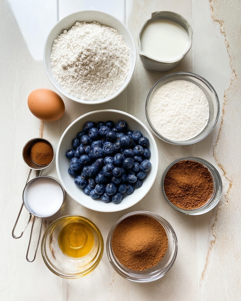 The image shows a flat lay of cooking ingredients on a white marbled surface. There are nine containers arranged neatly: a white bowl filled with white flour at the top center, a white bowl full of fresh dark blue blueberries in the middle center, a small glass bowl with a brown egg to the left bottom, and a small glass bowl with golden liquid (vanilla) near the middle bottom. There is a clear glass bowl containing three white powders and brown powder (likely baking soda, baking powder, and cinnamon) on the left, and three metal measuring cups arranged on the right side holding white milk, white liquid (buttermilk), and brown sugar. All items look fresh and well organized. Photo taken with an iphone --ar 4:5 --v 7