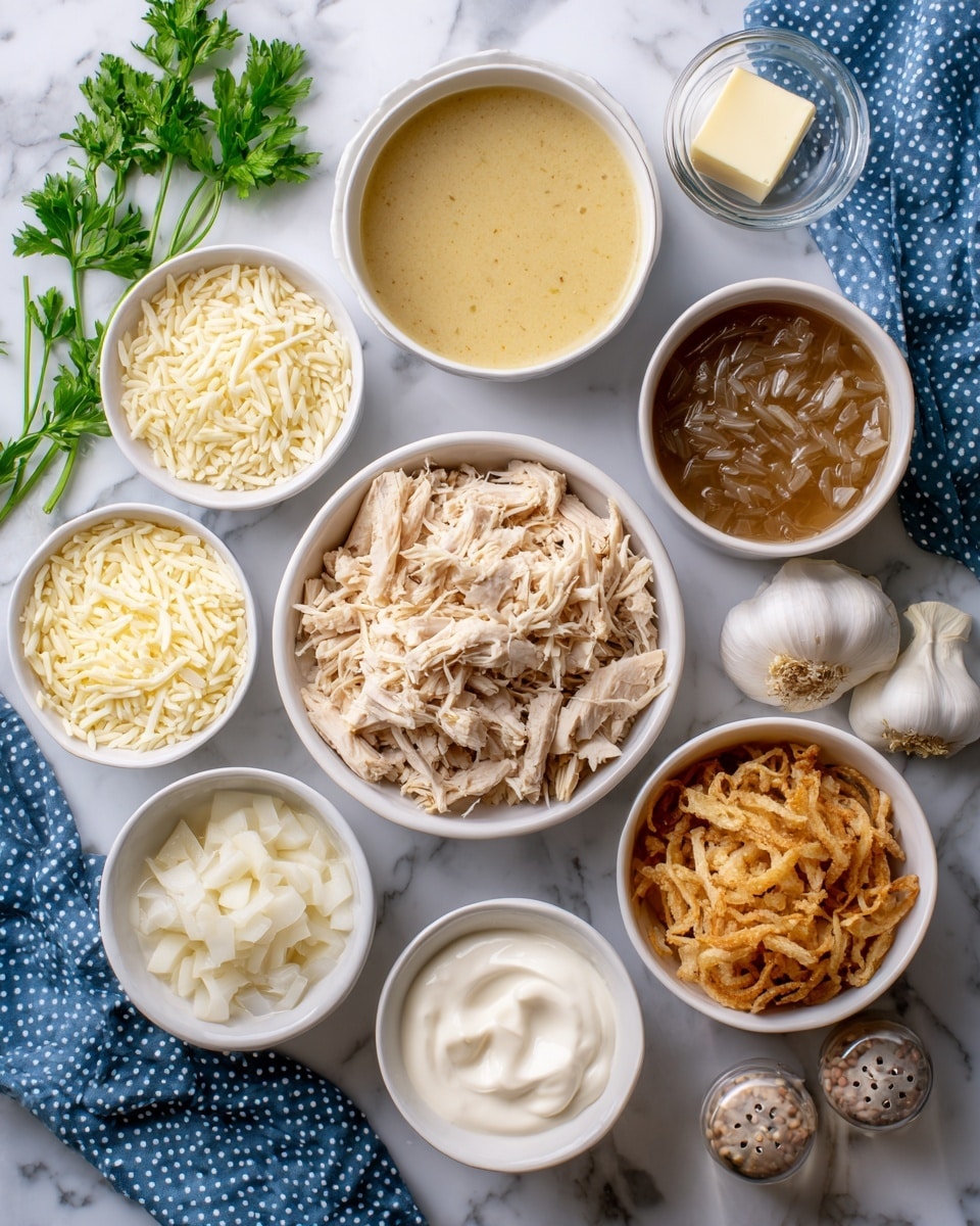 The image shows several white bowls and dishes arranged on a white marbled surface. At the center is a white bowl with uncooked Rice a Roni, a mix of thin noodles and rice grains in light brown and white colors. To the right of it is a larger white bowl filled with shredded chicken, pale beige in color. Above that, a white bowl holds smooth, yellow cream of chicken soup, and next to it is another white bowl filled with dark brown French onion soup. Below the rice bowl, a white bowl contains creamy white sour cream, and next to it, a smaller white bowl has pale onion pieces. At the bottom left, a white bowl holds shredded mozzarella cheese in light cream color. A small white bowl near the bottom has crispy French fried onions, golden brown with crunchy texture. Close to the onions, there are two white shakers labeled salt and pepper. Above the rice, a small clear glass dish shows a square piece of pale yellow butter. Scattered around are a few cloves of garlic and a measuring cup with clear water. The scene is decorated with fresh green parsley on the sides and a blue cloth with white dots beneath the items photo taken with an iphone --ar 4:5 --v 7