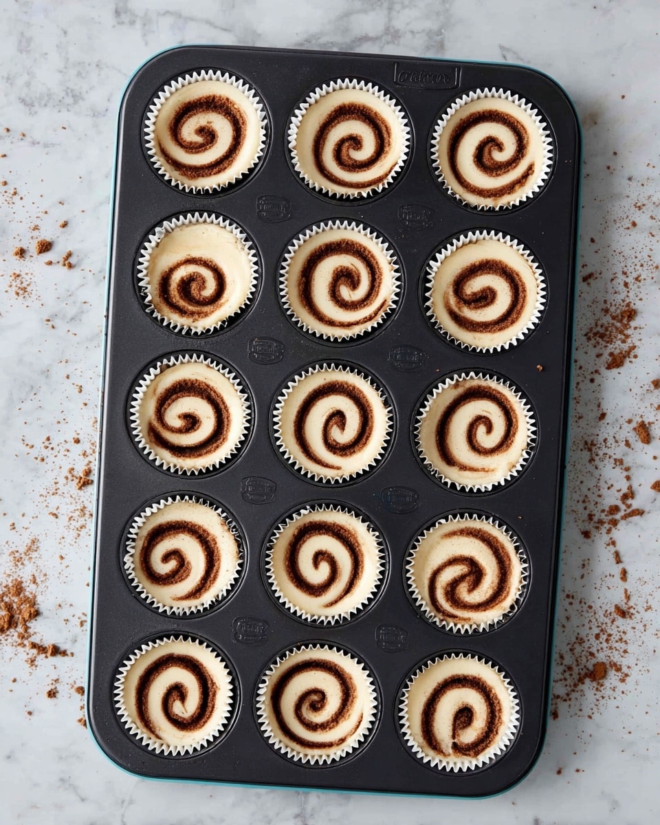 A black muffin tray holds twelve unbaked cupcakes each lined with a ruffled white paper cup. Each cupcake has two visible layers: a smooth, light cream-colored base topped with a single dark brown spiral of cinnamon filling that starts thick at the center and thins out as it circles outward. The tray rests on a white marbled surface with scattered crumbs around it, adding a touched realism. photo taken with an iphone --ar 4:5 --v 7
