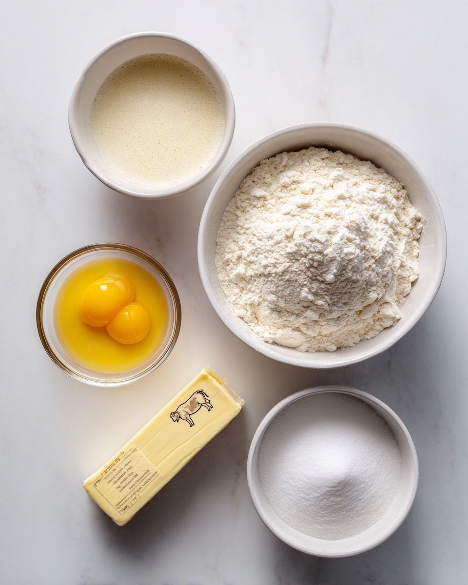 The image shows five separate white bowls and one stick of butter arranged on a white marbled surface. At the top right, a large white bowl is filled with a soft white bread flour and salt mixture with a powdery texture. Below and to the left, another white bowl holds a foamy light beige liquid made of milk, yeast, and sugar. To the right of this, a small clear glass bowl contains a bright yellow-orange mixture of eggs with a smooth surface. A white bowl at the bottom right is filled with fine white sugar. Below the bowl with yeast mixture is a stick of butter still in its yellow wrapper with a cow illustration, lying horizontally. The items are spaced neatly and the overall look is clean and bright. photo taken with an iphone --ar 4:5 --v 7