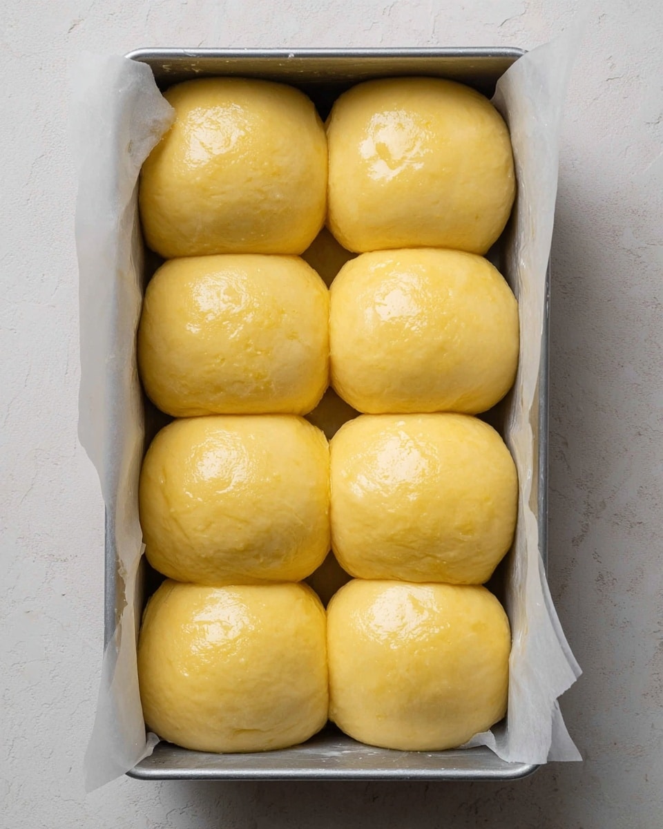 This image shows eight closely placed dough balls in two columns and four rows inside a silver metal baking pan lined with white parchment paper, resting on a white marbled surface. The dough balls are smooth, shiny, and pale yellow with a slightly uneven, soft texture, indicating they are ready to be baked. The light reflects off their tops, showing a slightly oily or brushed egg-wash finish, making them look fresh and soft. photo taken with an iphone --ar 4:5 --v 7