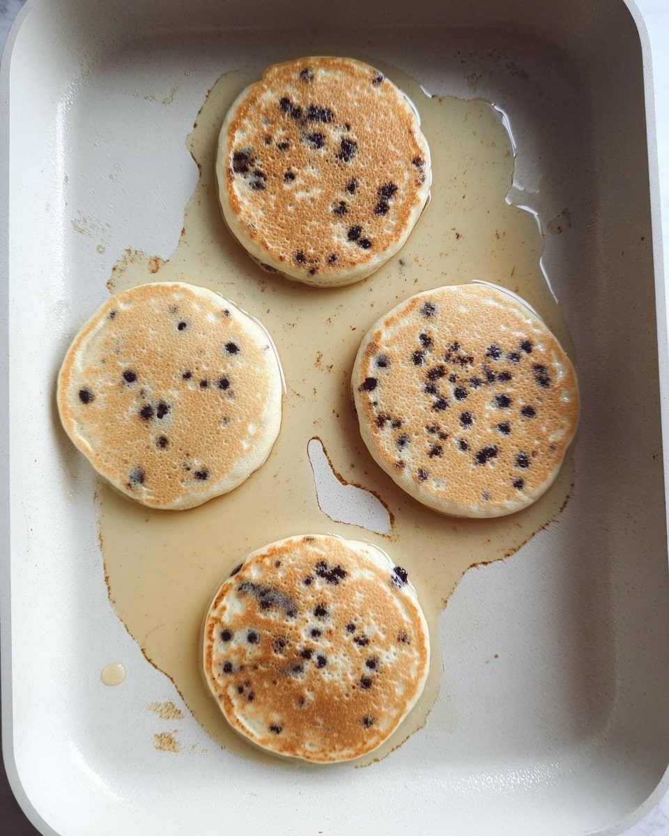 In a white pan with some brown marks and light grease, there are four small round pancakes cooking. Each pancake is light tan with small dark chocolate chips scattered throughout, showing a bubbly texture on top. The pancakes are spaced apart and lie flat on the pan’s surface, ready to be flipped. photo taken with an iphone --ar 4:5 --v 7
