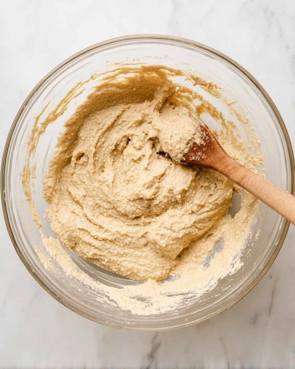 A clear glass bowl filled with a thick, beige batter that is slightly lumpy and creamy in texture, sitting on a white marbled surface. A wooden spoon with some batter on it is partially submerged inside the bowl on the right side. The batter covers the inner sides of the bowl unevenly, with some smears around the edges. photo taken with an iphone --ar 4:5 --v 7