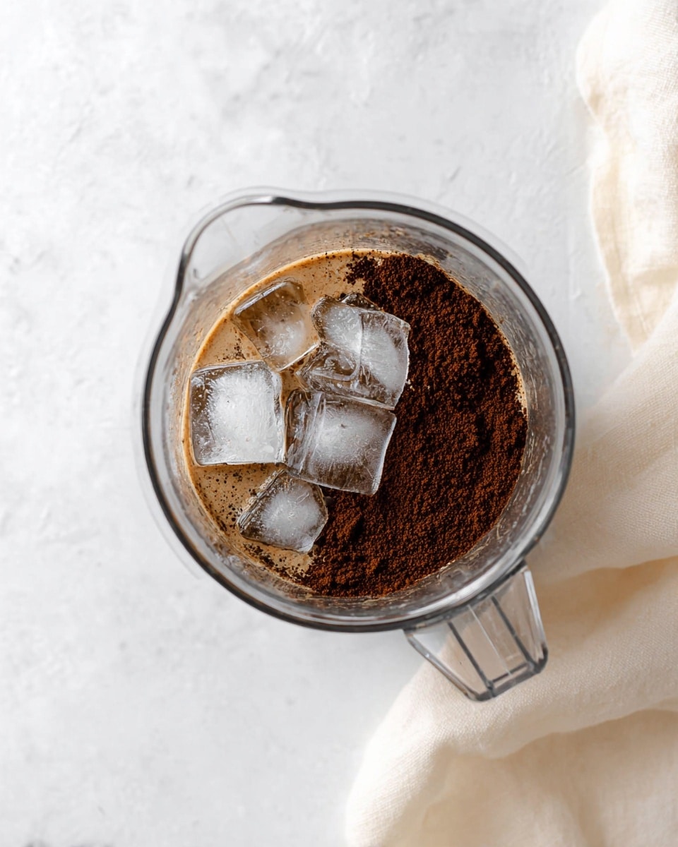 A clear blender jar is filled with three visible layers: large, uneven dark brown coffee powder on the right side, a few ice cubes that are clear and slightly frosted sitting on top and partially submerged, and a small amount of liquid around the edges with a light brown color and some texture from the coffee mixing. The jar is placed on a white marbled surface with a soft off-white cloth loosely gathered to the right side. Photo taken with an iphone --ar 4:5 --v 7