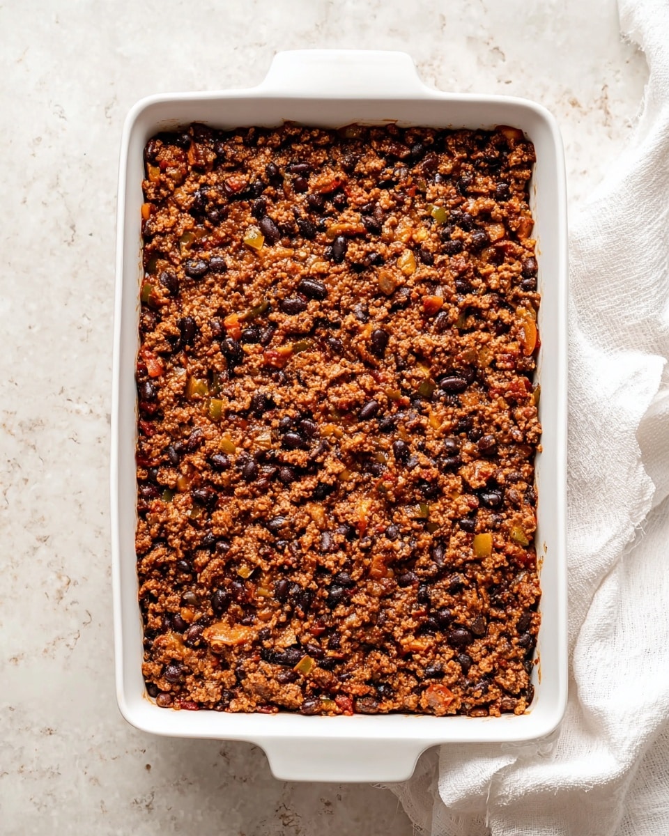 A rectangular white baking dish filled with a single thick layer of cooked ground meat mixed with black beans and small pieces of cooked vegetables like onions and peppers, creating a rich brown and dark speckled texture spread evenly across the dish. The dish sits on a white marbled surface with a soft white cloth partly visible on the right side. The overall look is hearty and savory, showing a uniform topping without any additional layers visible. Photo taken with an iphone --ar 4:5 --v 7
