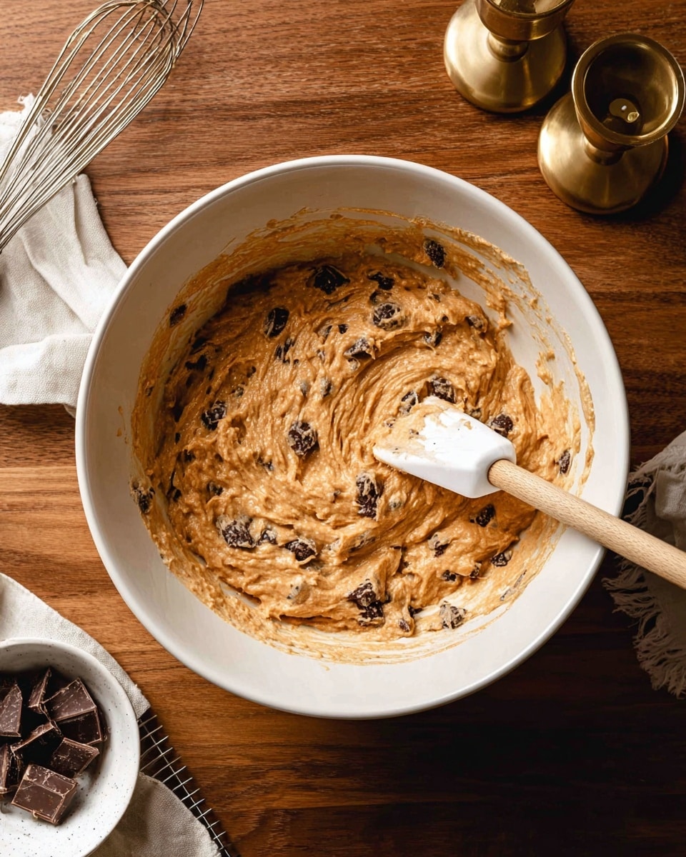 A large white mixing bowl sits on a wooden table, filled with thick, light brown batter mixed with dark chunks spread evenly throughout. A white spatula with a light wooden handle rests inside the bowl, partially coated with the batter. Around the bowl, on the table, there is a wire whisk, a small white bowl with dark chocolate chunks, and a white cloth napkin. Two gold candle holders stand in the upper right corner of the image. The photo is taken with an iphone --ar 4:5 --v 7