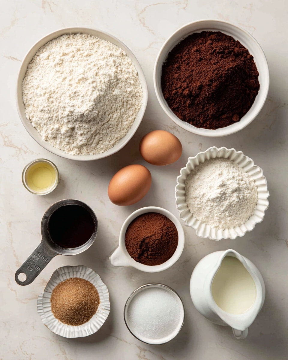 Top view of various baking ingredients placed on a white marbled surface. At the top left, a large white bowl filled with light beige flour with a small area of white salt, labeled with baking powder and baking soda in the same bowl. To the right, a white bowl filled with dark brown cocoa powder. Below the flour, a small white scalloped bowl holds medium brown espresso powder. Center left, a metal measuring cup contains dark brown coffee, and next to it a small white cup with dark vanilla extract. In the center, two brown eggs sit side by side. To the right, a small metal cup filled with pale yellow oil. Bottom left, a white bowl holds a mix of light and dark brown sugars labeled as brown sugar and granulated sugar. Finally, at the bottom right, a small white pitcher contains milk. All items are spaced evenly on the white marbled surface. Photo taken with an iphone --ar 4:5 --v 7