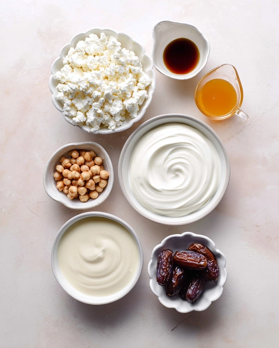 The image shows seven small white bowls arranged on a white marbled surface. The largest bowl at the bottom holds smooth cream with a light off-white color. Above it, a medium-sized bowl contains thick white yogurt with soft swirls. To the left, another large bowl is filled with chunky cottage cheese, showing small curds. In the top row, from left to right, there is a small fluted bowl with dark brown vanilla extract, a light yellow measuring cup filled with amber-colored honey, a small white bowl full of round, tan hazelnuts with some texture, and a small fluted bowl containing five shiny, dark brown dates with a slightly wrinkled surface. The ingredients are evenly spaced, giving a clean and organized look. Photo taken with an iphone --ar 4:5 --v 7
