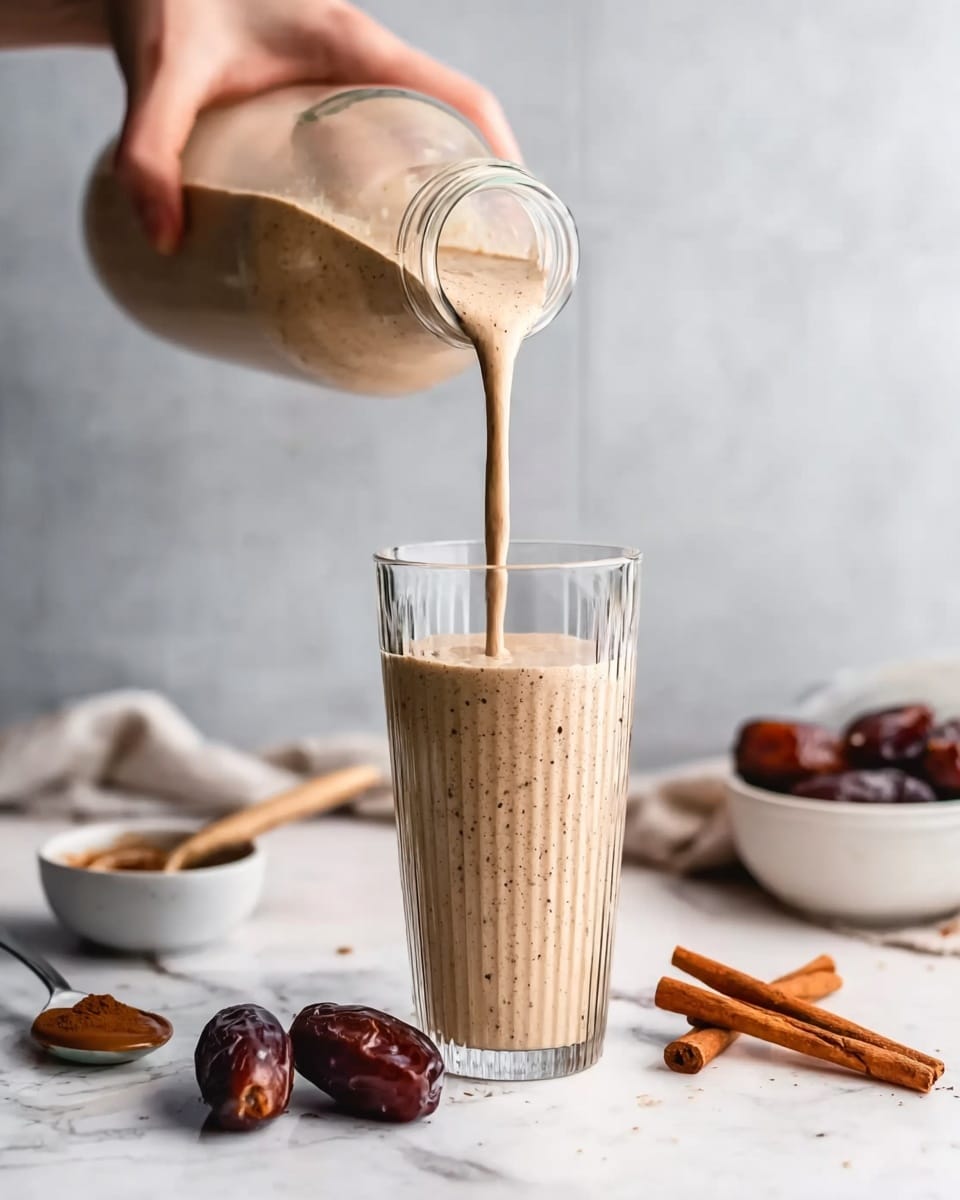 A creamy light brown smoothie with small specks is being poured from a transparent bottle into a tall clear glass with textured designs; the glass is placed on a white marbled surface. In the foreground, two dark brown dates rest on the surface near a light-colored knife handle. To the left side, there is a small white bowl with a dark brown sauce or paste and a small brown spoon inside. On the right side, two light brown cinnamon sticks lie on the surface, with a white bowl holding more dark brown dates in the background. A woman's hand holding the bottle is visible at the top center of the image. The background is softly blurred with a white marbled texture. photo taken with an iphone --ar 4:5 --v 7