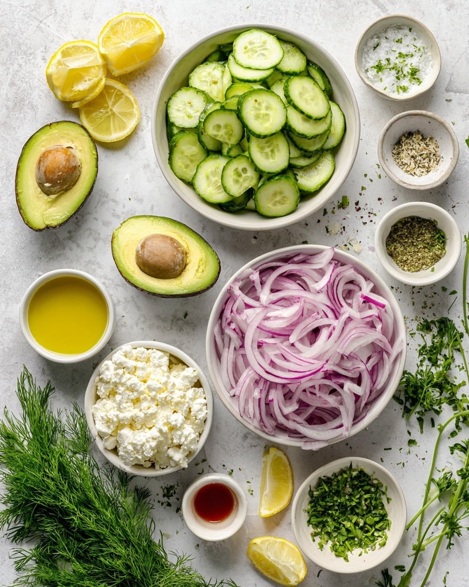 The image shows ingredients arranged on a white marbled surface, with two white bowls filled with fresh sliced cucumbers and thinly sliced red onions. A third white bowl contains crumbled white cheese. Next to the bowls, there are small white dishes holding chopped herbs, minced garlic, salt, pepper, and dried herbs. Two avocado halves with green flesh are near the top left, one showing the seed. There are also lemon slices, a small container with yellow oil, a small cup with red liquid, and sprigs of fresh dill and parsley spread around. The colors are fresh greens, pale yellows, and whites, creating a clean, bright, natural look. Photo taken with an iphone --ar 4:5 --v 7