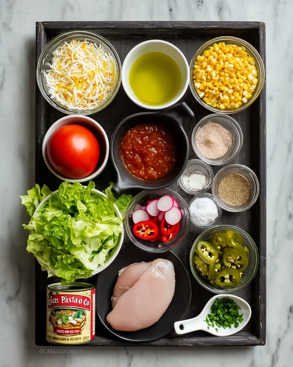 A black tray holds various cooking ingredients arranged neatly: a small glass bowl with shredded cheese at the top left, two white bowls with light yellow and pale green liquids next to it, a white bowl with red salsa below the cheese, a whole red tomato in the center, a bowl of green leafy lettuce to the left of the tomato, and a clear glass bowl with yellow corn kernels to the tomato's right. Near the bottom, a can of Old El Paso refried beans sits next to a raw plain light pink chicken fillet. Above the chicken is a small glass bowl with sliced cucumber, red radish, and jalapeños. To the right are two small glass bowls with white and light brown powders, a black bowl with salt, and a small white spoon-shaped dish holding chopped green herbs with red onion slices on top. The tray is on a white marbled background. photo taken with an iphone --ar 4:5 --v 7