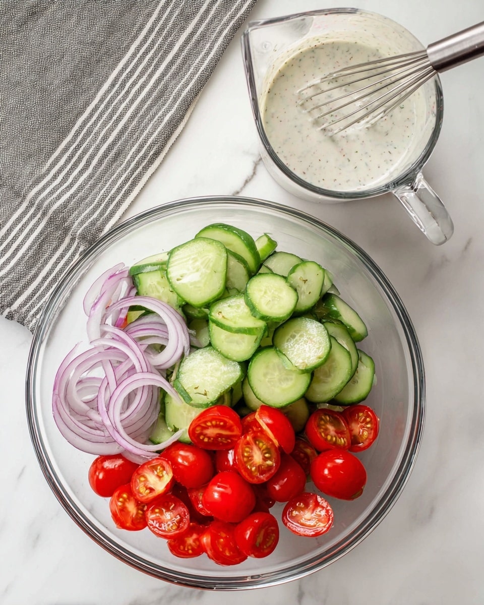A clear glass bowl holds a fresh salad with three main layers: the bottom layer is thin purple slices of onion, the middle layer is bright green cucumber slices with a slightly textured skin, and the top layer features shiny, red cherry tomatoes, some whole and some cut in half showing their juicy interior. Beside the bowl is a clear glass measuring cup with white creamy dressing speckled with herbs inside, stirred with a metal whisk. The setting is a white marbled surface with a gray striped cloth partially visible at the top left corner. Photo taken with an iphone --ar 4:5 --v 7