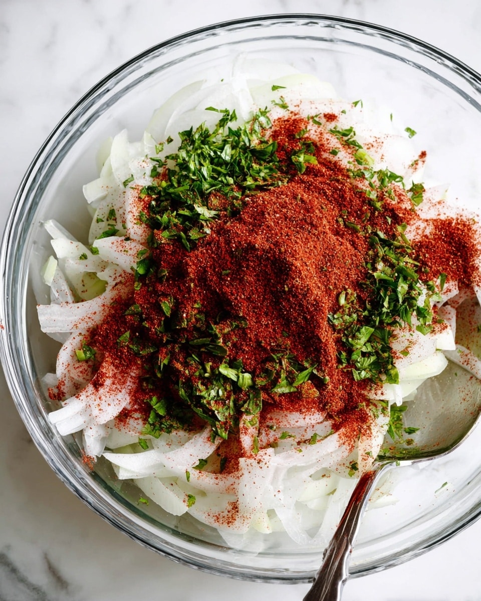 A clear glass bowl holds three layers of ingredients: at the bottom, thin, white onion slices with a slightly soft texture; in the middle, a generous sprinkle of dark red spice powder scattered unevenly; and on top, a heap of finely chopped bright green fresh herbs. The bowl sits on a white marbled surface, with a silver spoon partially visible on the right side. Photo taken with an iphone --ar 4:5 --v 7