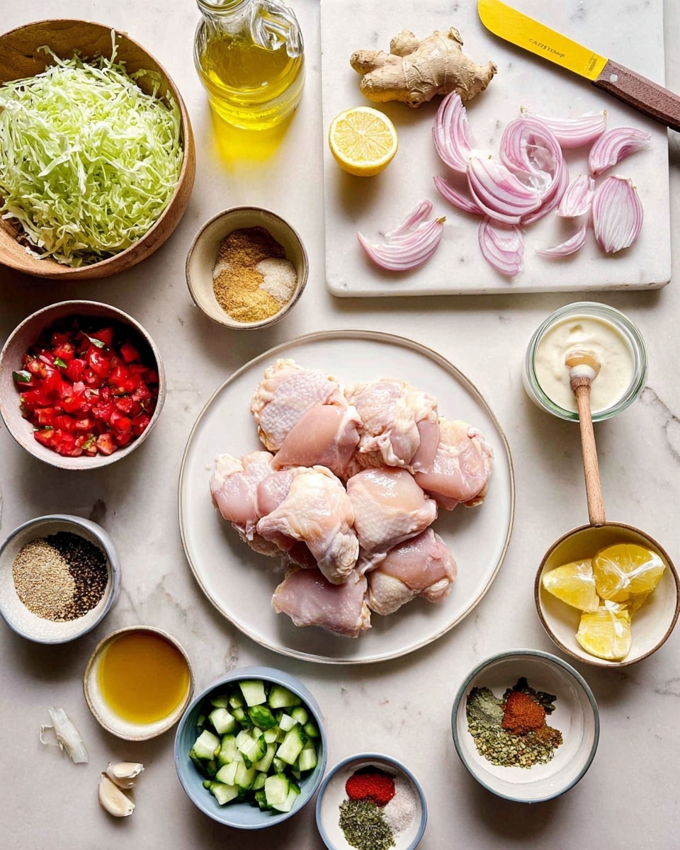 The image shows a white plate filled with several raw, pale pink chicken thighs stacked loosely. Around it are small white bowls holding different ingredients: one with bright red chopped tomatoes, one with chopped green cucumber pieces, one with a mixture of various colorful spices neatly arranged in sections, and another with creamy white sauce and a small wooden spoon inside. To the left, a wooden bowl contains fresh shredded green lettuce. A small bowl of light golden honey with a honey dipper rests near the center. On a white marbled cutting board above, a glass bottle of light yellow olive oil, freshly grated ginger, and a pale beige knife with a yellow handle are placed. Whole garlic cloves, thinly sliced pink pickled onions in a white bowl, and two lemon halves on a small white plate complete the setup, all resting on a white marbled surface. Photo taken with an iphone --ar 4:5 --v 7