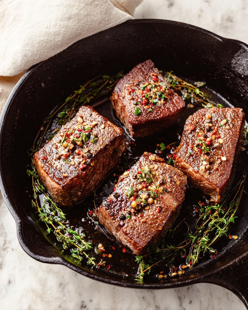 A close-up view shows four thick, browned pieces of meat in a black cast iron pan, each piece topped with peppercorns and red chili flakes. Under the meat, green sprigs of fresh thyme are laid out, adding texture and a touch of color. The pan rests on a white marbled surface, with a light cloth near the top left corner. The meat appears juicy and well-seared with a mix of rough and smooth textures on the surface, highlighting the spices scattered on top. photo taken with an iphone --ar 4:5 --v 7