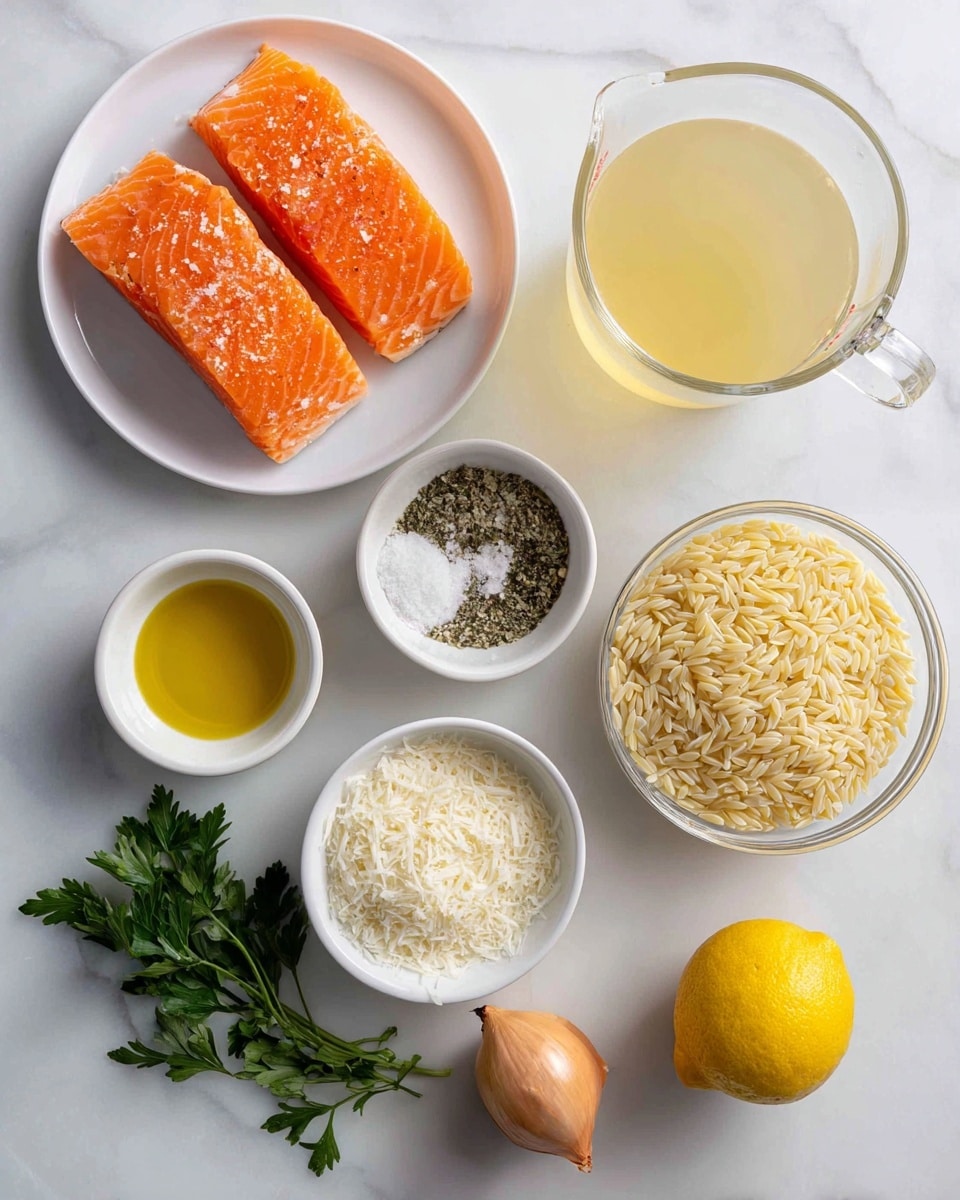 The image shows raw ingredients on a white marbled surface. In the top left, there are two bright orange salmon pieces placed on a white plate. To the right, a clear glass measuring cup filled with light yellow chicken broth sits on the surface. Below the broth, a small white bowl holds a mix of white and black seasonings. Next to it, a small white bowl contains olive oil with a golden-yellow color. Toward the center, a clear glass bowl is filled with raw, pale yellow orzo pasta. Below the orzo, a white bowl holds shredded parmesan cheese with a soft white texture. On the bottom left, a small white bowl contains green parsley leaves. Nearby, there is a whole yellow lemon and a whole shallot with a light brown skin placed directly on the surface. The composition is neat and well spaced, all items arranged clearly with natural light. Photo taken with an iphone --ar 4:5 --v 7