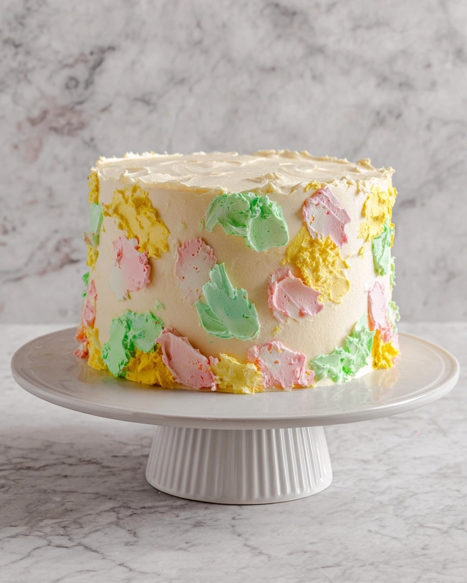 A two-layer round cake covered in light cream-colored frosting sits on a white cake stand with a ridged edge. The surface of the cake is decorated with patches of thick, textured frosting in pastel green, yellow, and pink colors, placed unevenly all around the sides. Each color patch has a rough, creamy texture and looks dolloped on. The cake stand is on a white marbled surface, and the background is also white marble. photo taken with an iphone --ar 4:5 --v 7