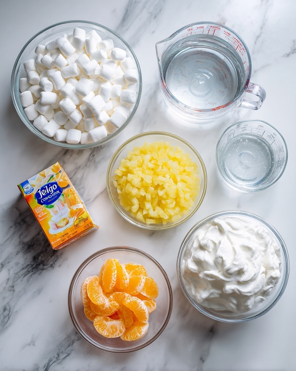 The image shows seven ingredients arranged neatly on a white marbled surface. There is a clear glass bowl filled with small white mini marshmallows placed at the top left. Next to it on the right is a clear measuring cup with transparent water inside. Below the marshmallows, a small box of Jello vanilla pudding mix with orange and white packaging sits beside a bowl of crushed pineapple that is yellow and finely textured. To the left of the crushed pineapple is an orange box of Jello mix. At the bottom left, a small clear bowl holds bright orange mandarin orange segments, and finally, on the bottom right, a clear glass bowl is filled with fluffy white cool whip. All elements are well spaced and clearly labeled. Photo taken with an iphone --ar 4:5 --v 7