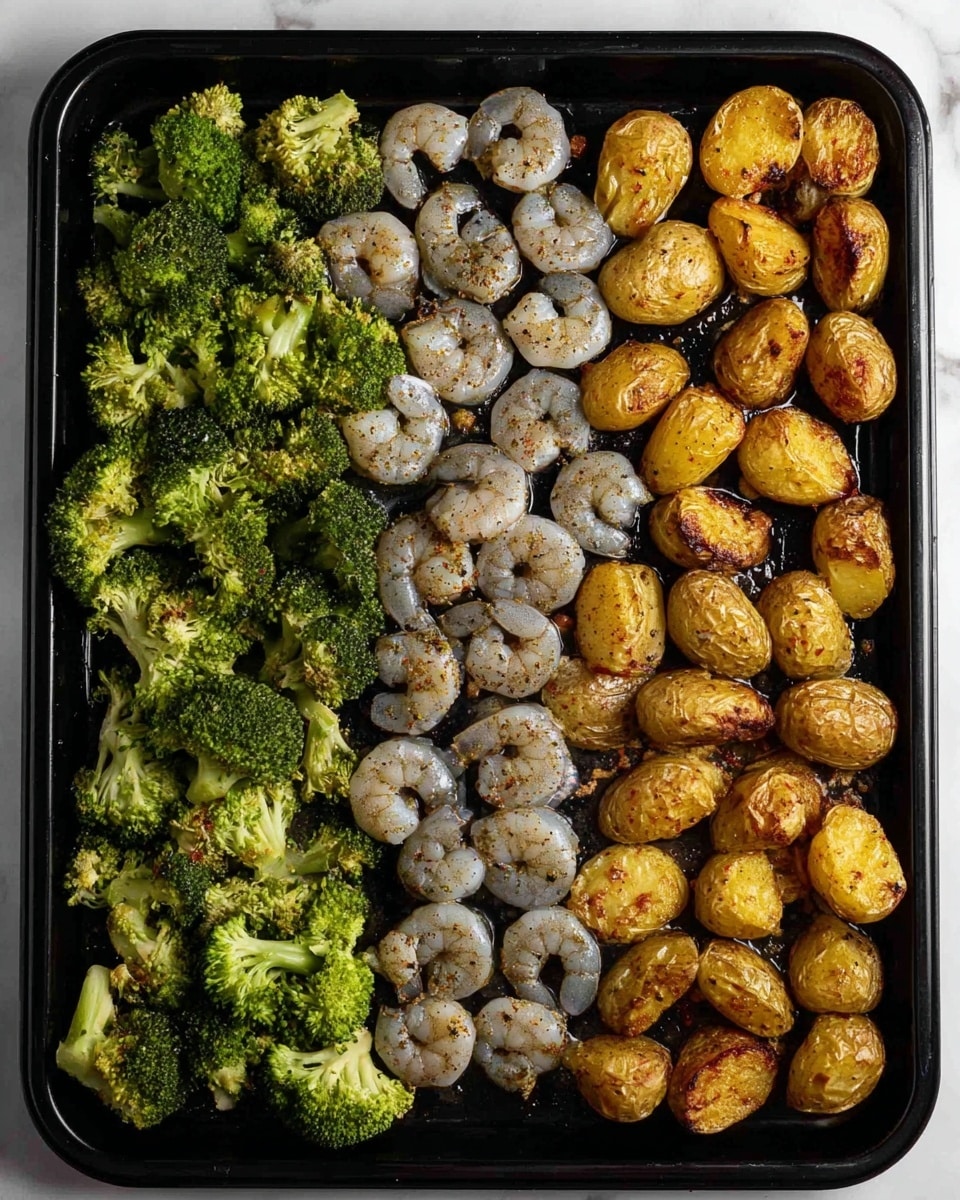 The image shows a black baking tray with three sections of food neatly arranged side by side. On the left, there are bright green roasted broccoli pieces with slightly browned edges and varied small florets and stems. In the middle, there are many raw shrimp arranged closely together, grayish in color with specks of black seasoning on their curled bodies. On the right, there are golden-brown roasted baby potatoes, some halved, with crisp darkened skin showing a rough texture. The tray sits on a white marbled surface. photo taken with an iphone --ar 4:5 --v 7