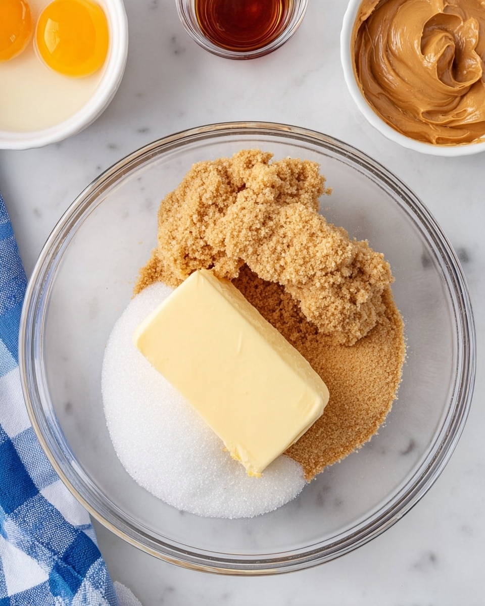 A clear glass bowl contains three layers inside: a large block of light yellow butter at the bottom right, a mound of light brown soft sugar on the top left partially covering the butter, and a pile of white granulated sugar on the bottom right next to the butter. Around the bowl, on a white marbled surface, there is a small white bowl with two raw eggs showing yolks and whites in the upper left corner, a white bowl filled with smooth brown peanut butter in the upper right, and a thin small glass container with dark amber liquid on the very left edge. A blue and white checkered cloth peeks in from the lower left corner. Photo taken with an iphone --ar 4:5 --v 7