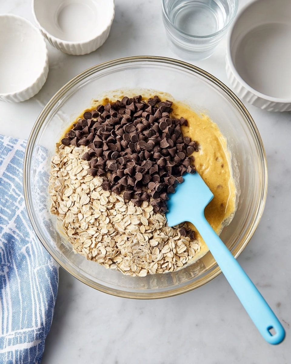 The image shows a rectangular baking pan lined with white parchment paper filled with a thick layer of unbaked oatmeal mixture with visible dark chocolate chips scattered throughout. The oatmeal layer is golden brown and textured with visible oats, and a woman's hand is seen holding a light blue spatula, spreading and pressing down the mixture evenly across the pan. The pan is placed on a surface with a white marbled texture, next to a blue and white striped cloth. photo taken with an iphone --ar 4:5 --v 7