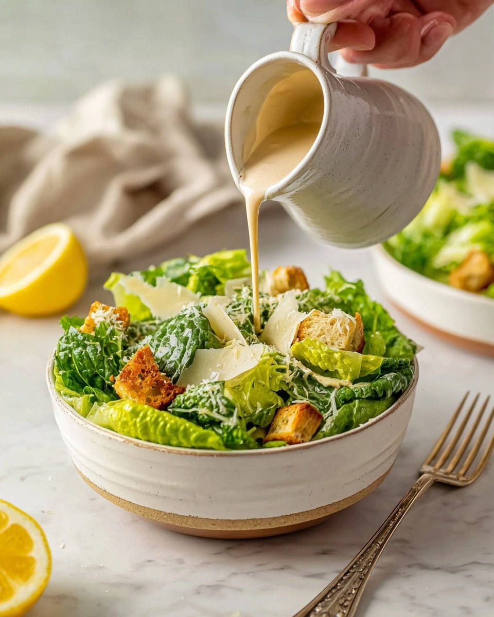 A small clear glass jar filled with a creamy, light beige sauce with small visible specks, sitting on a white round plate covered with a white napkin on a white marbled surface; a woman's hand is holding a silver spoon above the jar, with some sauce dripping back into it; in the blurred background, there is a white bowl full of green lettuce and croutons on the left, and a bright yellow lemon wedge sits on the surface near the jar on the lower left; a white and black striped cloth is partially visible on the right side photo taken with an iphone --ar 4:5 --v 7