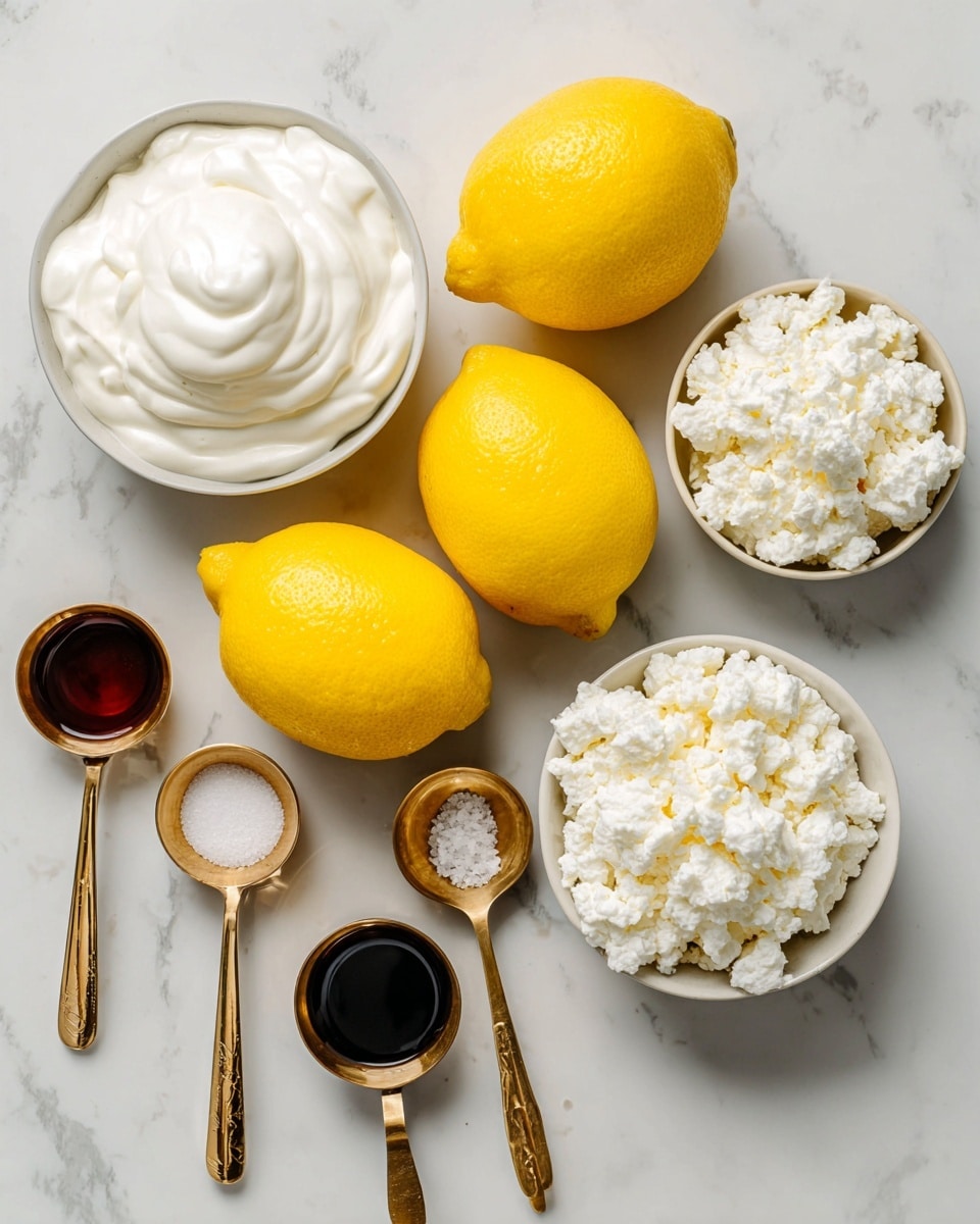 The image shows a top view of six ingredients placed on a white marbled surface. In the center, there are three bright yellow lemons grouped together. Around the lemons are five gold measuring cups and spoons each filled with a different ingredient: whipping cream with a smooth white frothy texture on the left, cottage cheese with a white chunky texture on the right, white granulated sugar at the bottom right, dark brown vanilla extract at the bottom left, and fine white sea salt in a small spoon at the top center. Each ingredient is labeled with simple black text on white paper nearby. photo taken with an iphone --ar 4:5 --v 7