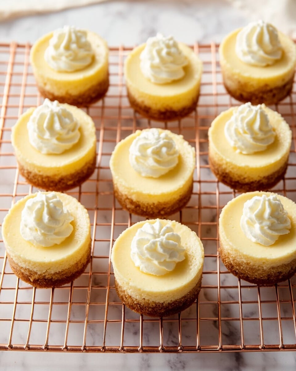 There are nine small cheesecakes arranged evenly on a copper cooling rack over a white marbled surface. Each cheesecake has two layers: the bottom layer is a light brown crumbly crust, and the top layer is a smooth, pale yellow cheesecake filling. On top of each cheesecake, there is a dollop of white whipped cream with a soft, fluffy texture. The image is brightly lit, highlighting the creamy texture of the cheesecakes and the shine of the cooling rack. photo taken with an iphone --ar 4:5 --v 7