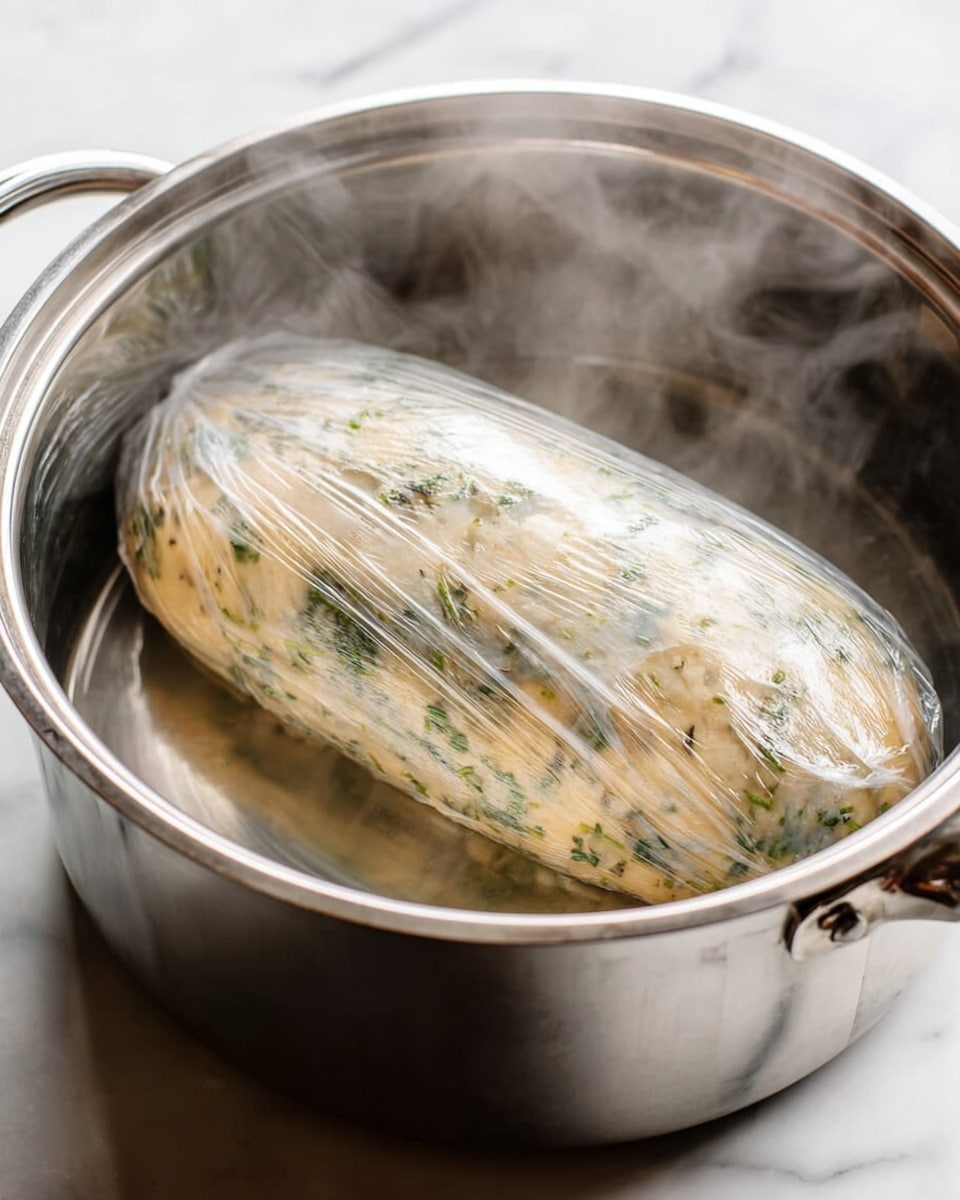 A steam-filled shiny silver pot is shown on a white marbled surface. Inside the pot, there is a wrapped oval-shaped food item covered tightly in clear plastic wrap. The food inside has a light beige color with green herb specks and small brown spots, giving it a textured look. The plastic wrap glistens with moisture from the steam, making the food look soft and cooked gently. Steam rises softly inside the pot, creating a warm and fresh cooking scene photo taken with an iphone --ar 4:5 --v 7