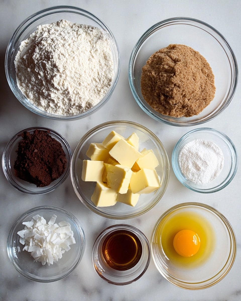 The image shows eight clear glass bowls arranged on a white marbled surface, each containing ingredients for baking. In the top row from left to right, there is a bowl filled with white flour, a large bowl with light brown sugar, and a small bowl with white powder. In the middle row, from left to right, there is a bowl with light yellow cubed butter, a bowl with dark brown cocoa powder, and a bowl with a raw yellow egg yolk and clear egg white. In the bottom row, two small bowls contain white flakes and a light brown liquid, likely vanilla extract. The bowls are transparent and the contents show different textures and colors, from powdery to smooth liquid. photo taken with an iphone --ar 4:5 --v 7