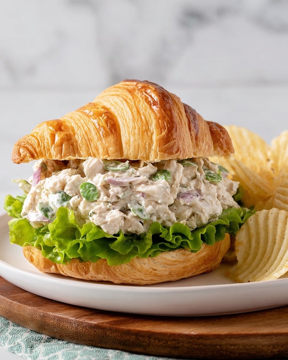 A sandwich with a golden brown croissant sliced in half serving as the top and bottom layers, holding three main layers inside; the bottom layer is a fresh bright green leaf of lettuce, the middle layer is a chunky white chicken salad mixed with small green and purple bits that add color and texture, and the top layer is the flaky croissant that shines with a light crust. The sandwich sits on a white plate, accompanied by a few ridged potato chips on the side, all placed on a wooden board with a white marbled surface in the background. Photo taken with an iphone --ar 4:5 --v 7
