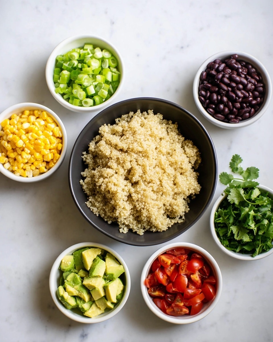 A flat lay image showing six bowls on a white marbled surface. In the center is a large black bowl filled with light tan cooked quinoa, showing a grainy and fluffy texture. Surrounding it are five smaller white bowls, each with a different colorful ingredient: bright yellow corn kernels, dark purple-black beans, green chopped scallions, bright green avocado chunks, and vibrant red chopped tomatoes. There is also a small white bowl of fresh green cilantro leaves. All ingredients are neatly arranged and separated, with clear colors and textures. photo taken with an iphone --ar 4:5 --v 7