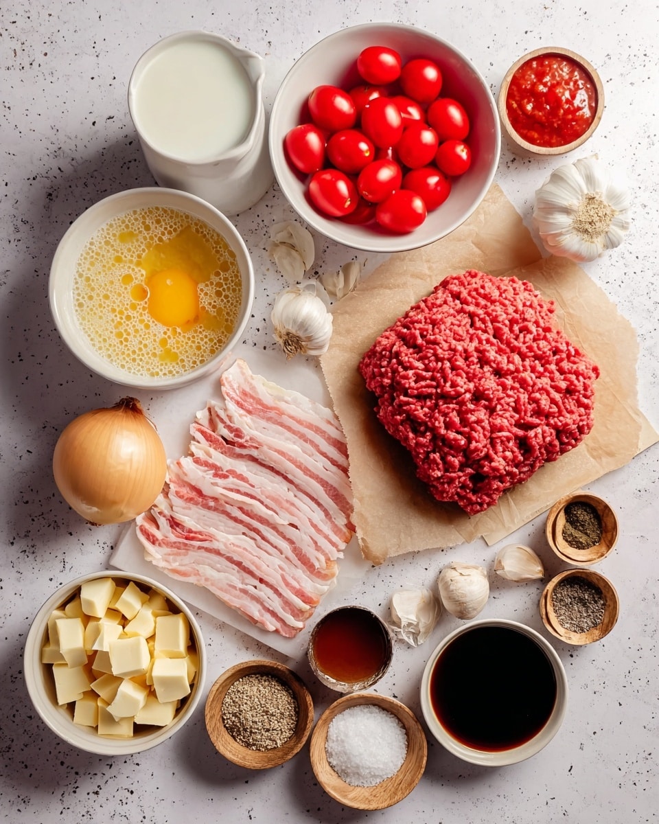 The image shows a flat lay of various ingredients on a white marbled surface. There are two thick layers of bright red ground meat placed on a piece of brown parchment paper near the center right. Above the meat, there is a white bowl filled with halved bright red cherry tomatoes. To the left of the tomatoes is a white cup with creamy white milk. Below the milk, a white bowl contains a golden beaten egg mixture with small bubbles on top. To the left, there is a stack of thin, raw pink and white bacon strips on brown parchment paper. At the bottom left, a white bowl is filled with light tan cubed cheese. Near the cheese is a whole yellow onion with papery skin. Several individual garlic cloves are scattered near the bacon and cheese. Small wooden bowls hold white granulated sugar, mixed black and white pepper with salt, a dark brown soy-like sauce, a small amount of bright red tomato paste, and another dark sauce. A white bowl at the bottom right contains a light green oil. The overall setting has an uncluttered and clean appearance, with each ingredient distinct and clearly visible, photo taken with an iphone --ar 4:5 --v 7