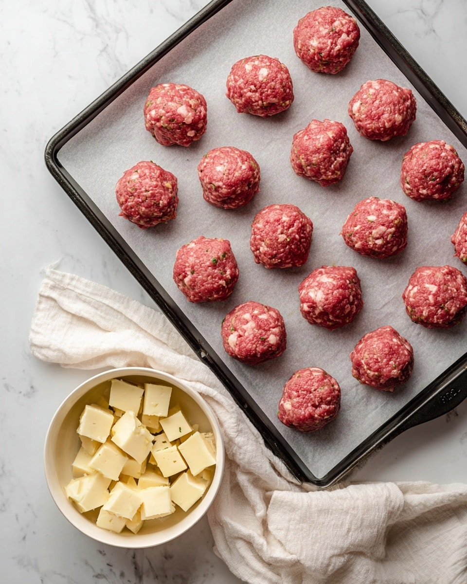 The image shows a black baking tray lined with white parchment paper holding 18 raw meatballs arranged evenly in rows, each meatball pink with small bits of light ingredients mixed in, giving them a rough texture. Below the tray is a white bowl filled with small pale yellow cubes of cheese with herb specks. A white cloth is placed casually near the bowl, all set on a white marbled surface. photo taken with an iphone --ar 4:5 --v 7