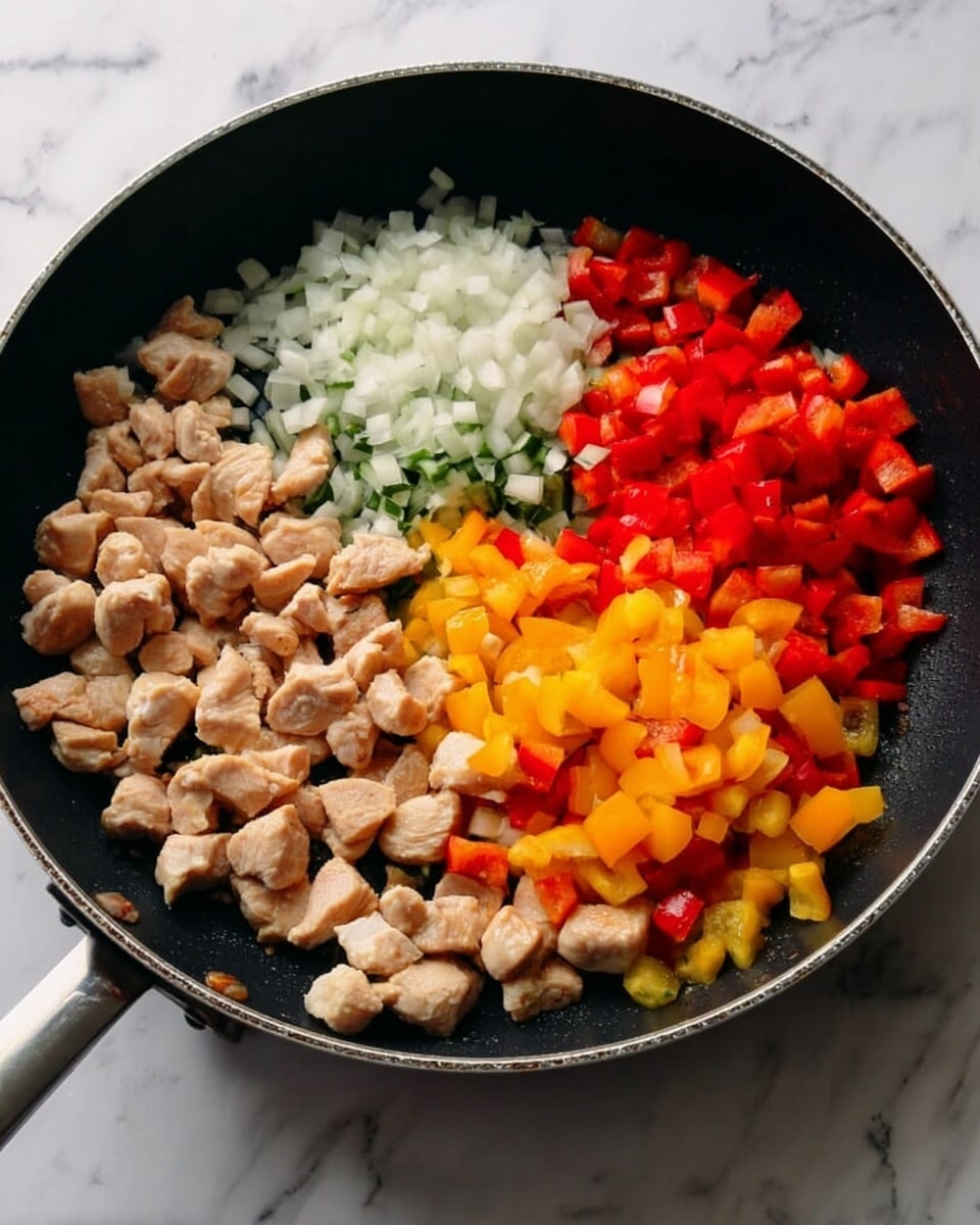 A black frying pan placed on a white marbled surface, filled with three main layers of ingredients. The bottom layer consists of small, light brown pieces of cooked chicken spread evenly across the pan. On the right side, a pile of diced red and yellow bell peppers, showing bright and vibrant colors, sits atop the chicken pieces. Above the peppers, near the center, is a mound of finely chopped white onions. Soft lighting highlights the fresh textures of the vegetables and the cooked chicken, photo taken with an iphone --ar 4:5 --v 7