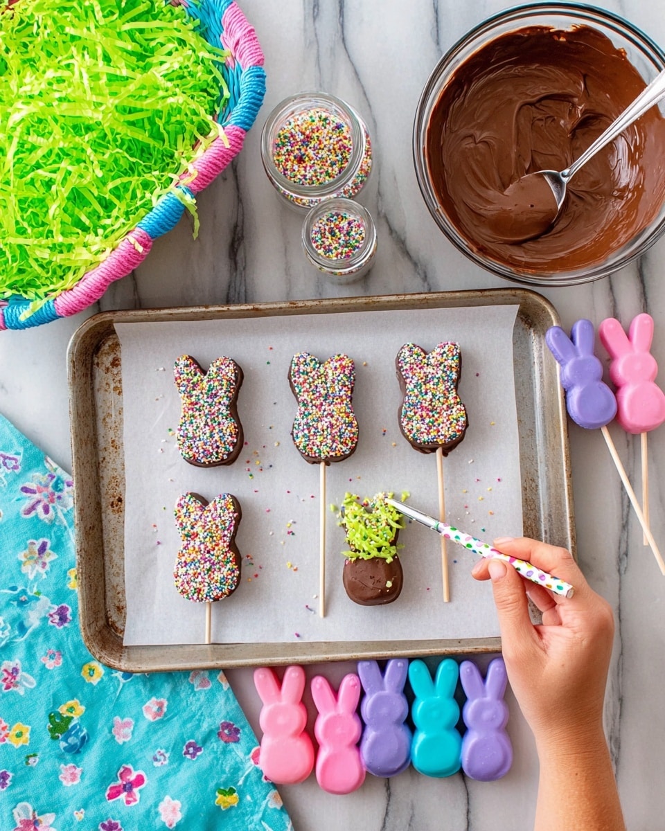 The image shows five bunny-shaped marshmallow treats on white paper over a metal tray, each on a colorful polka dot stick with a layer of milk chocolate coating half of each bunny; the chocolate is topped with different colored sprinkles, including rainbow confetti and green strands. To the top right, there is a clear glass bowl filled with smooth melted chocolate with a spoon inside. Near the center, there are three groups of marshmallow bunnies: one group of five pink, one group of five purple, and one small group of three blue around the tray. Two small jars of colorful sprinkles are on the left side, with one jar open and a woman's hand holding it, sprinkling confetti onto the chocolate bunnies. The surface is a white marbled texture, and there is a colorful woven basket filled with green paper grass on the top left. A blue floral cloth is folded on the lower left side. photo taken with an iphone --ar 4:5 --v 7