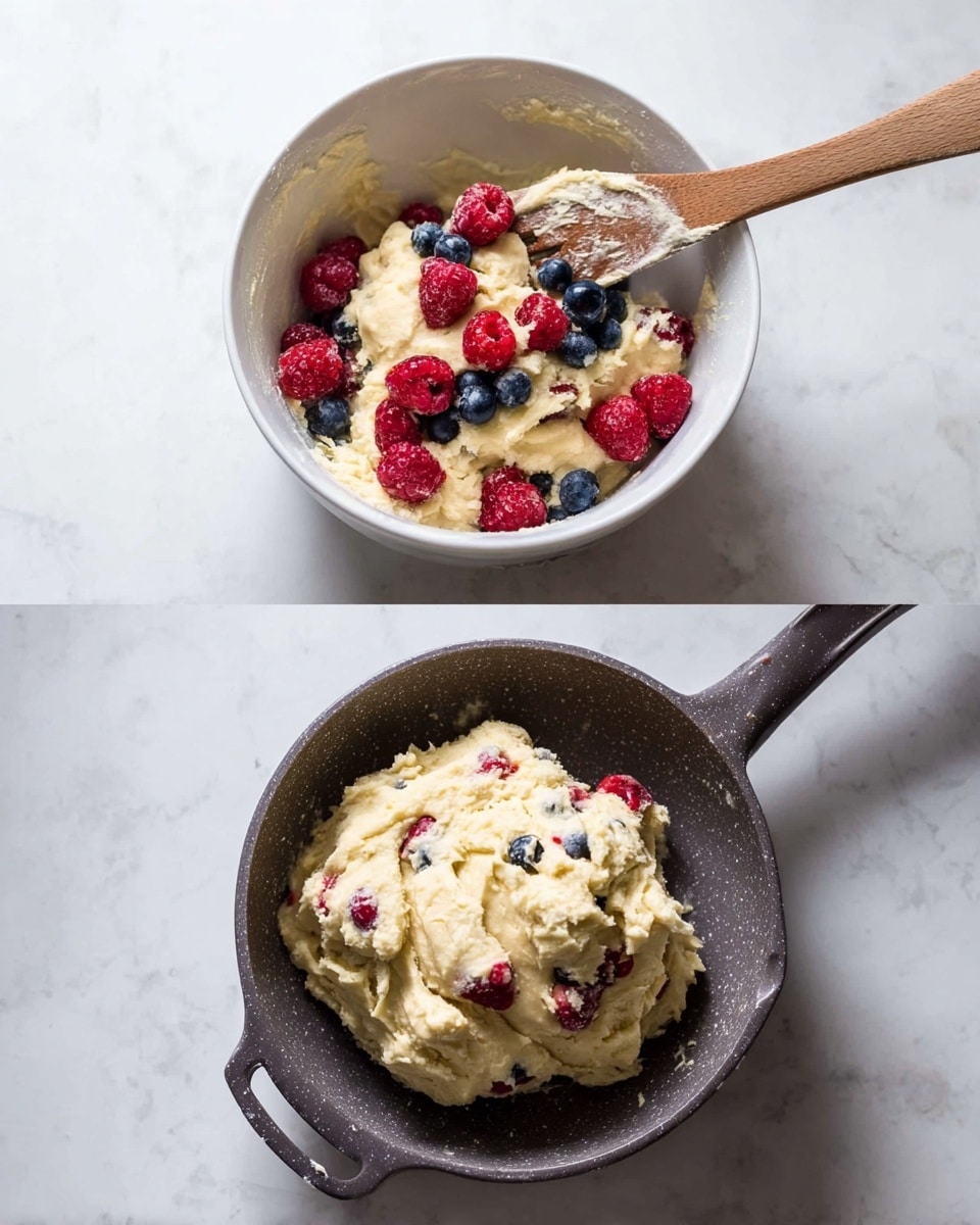 The image is split into two parts. On the left, there is a white mixing bowl filled with light yellow dough that looks soft and thick. On top of the dough, there are fresh red raspberries and dark blue blueberries scattered around. A wooden spatula is resting inside the bowl, partly covered by the dough and berries. On the right, there is a dark grey, round skillet with a handle, holding a large mound of light yellow dough mixed with small pieces of red berries, showing a creamy texture. Both items are placed on a white marbled surface with soft light coming from the top right. Photo taken with an iphone --ar 4:5 --v 7