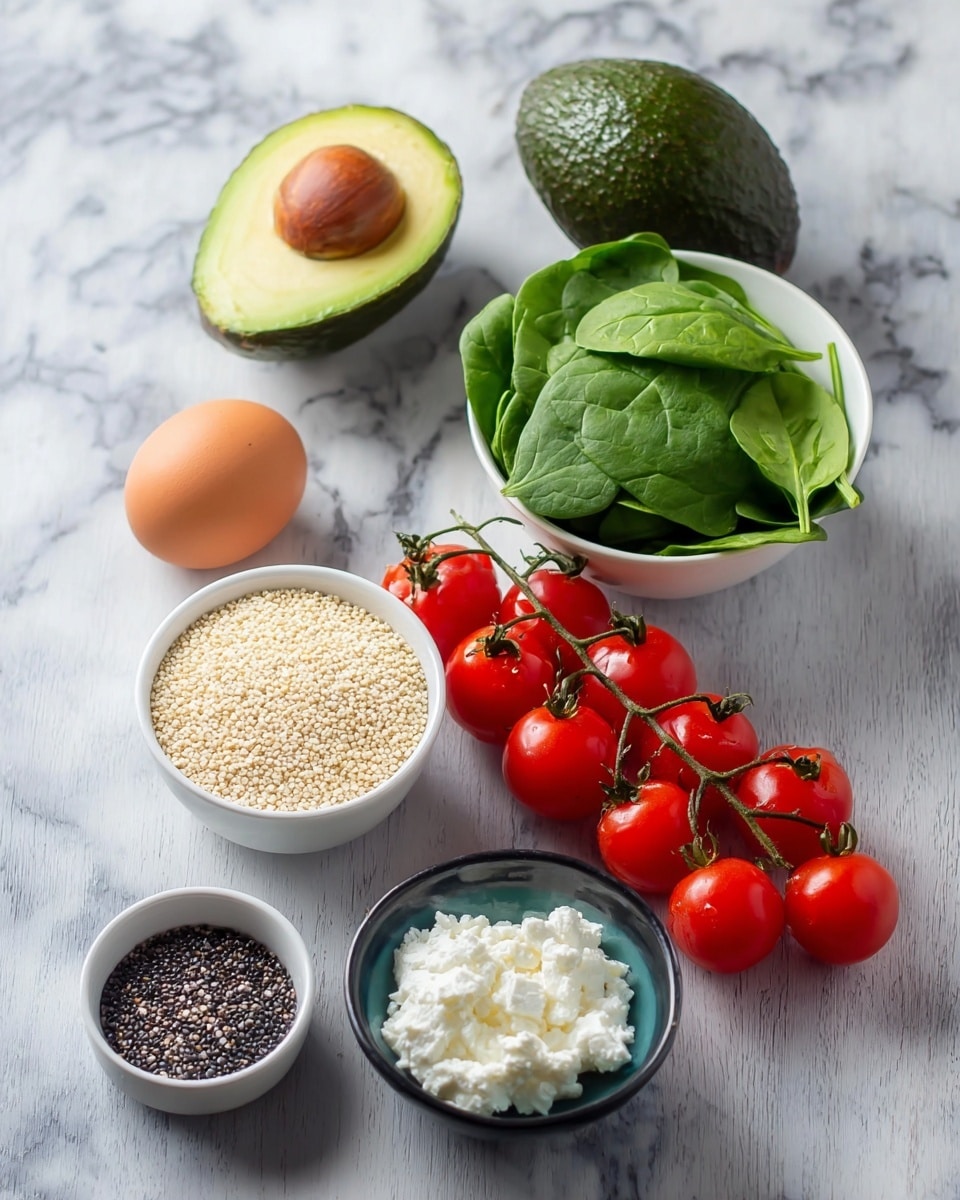The image shows a white bowl with fresh green spinach leaves placed at the top right, next to a large half avocado with a dark brown seed and a whole avocado placed behind it on the white marbled surface. Below them, a bunch of bright red cherry tomatoes on the vine stretches across the center. To the left, there is a white bowl filled with small pale beige grains, and near it, a smaller white bowl with tiny black seeds. At the bottom right, a small black bowl holds white cottage cheese with a soft texture, and beside it stands a single brown egg. All items are arranged neatly on a white marbled surface. photo taken with an iphone --ar 4:5 --v 7