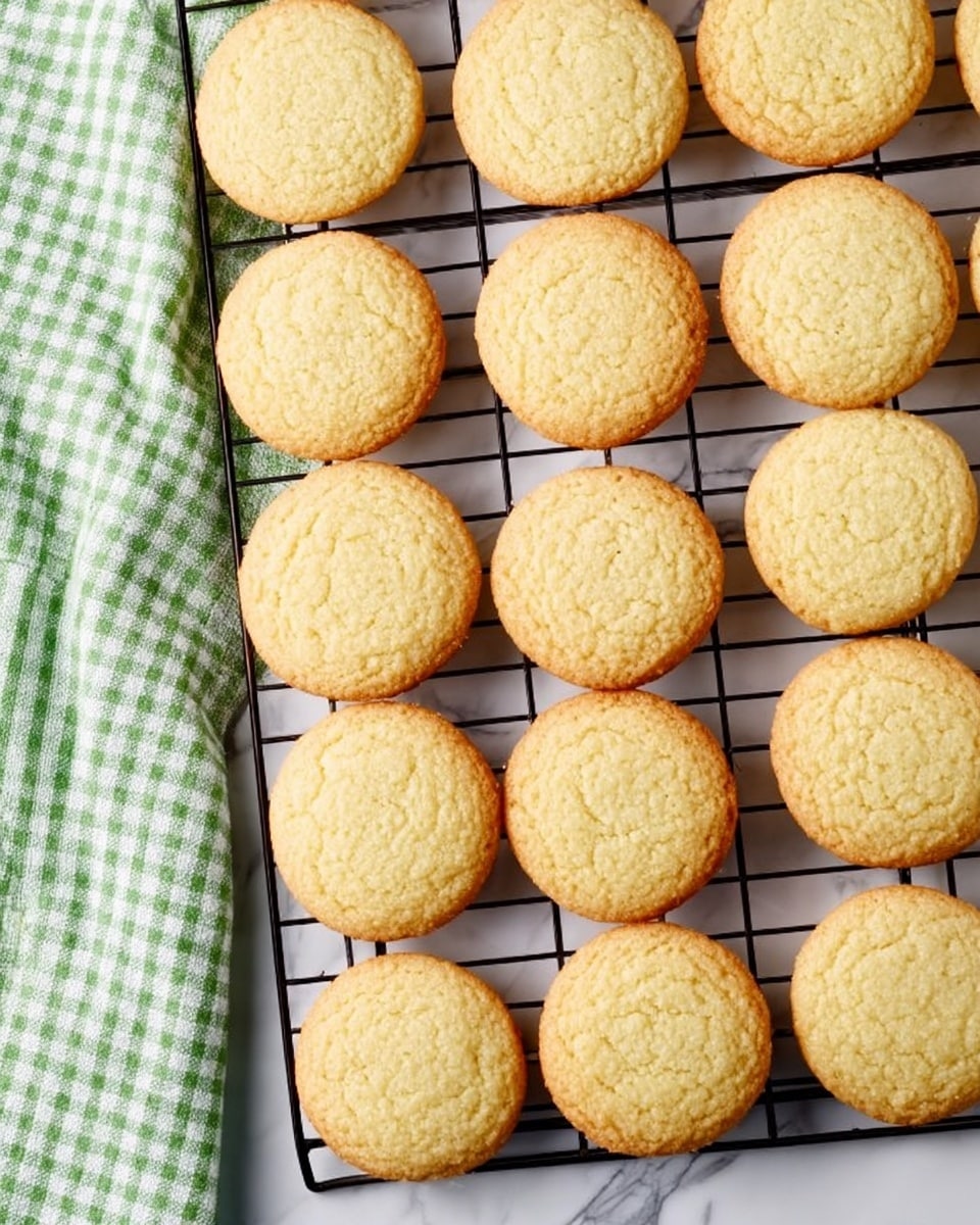 The image shows a close-up of a cooling rack filled with evenly spaced round cookies, each with a light golden brown color and slightly textured surface. The cookies are uniform in size and thickness, neatly arranged in rows on the black wire rack. On the left side, a green and white checkered cloth is partially visible, resting on a white marbled surface that contrasts with the cookies and rack. The overall scene is bright and clean, highlighting the freshly baked cookies with soft edges and a slightly crispy look. Photo taken with an iphone --ar 4:5 --v 7