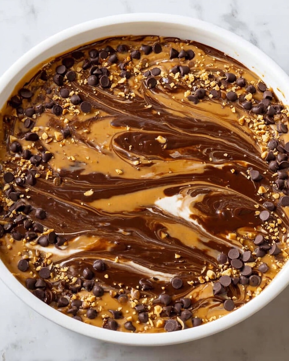 A close-up view of a dessert in a large white round dish showing a single thick layer of swirled dark chocolate and caramel sauce creating a marbled pattern on top, sprinkled with small dark chocolate chips and crushed nuts scattered evenly across the surface, all sitting on a white marbled texture background photo taken with an iphone --ar 4:5 --v 7