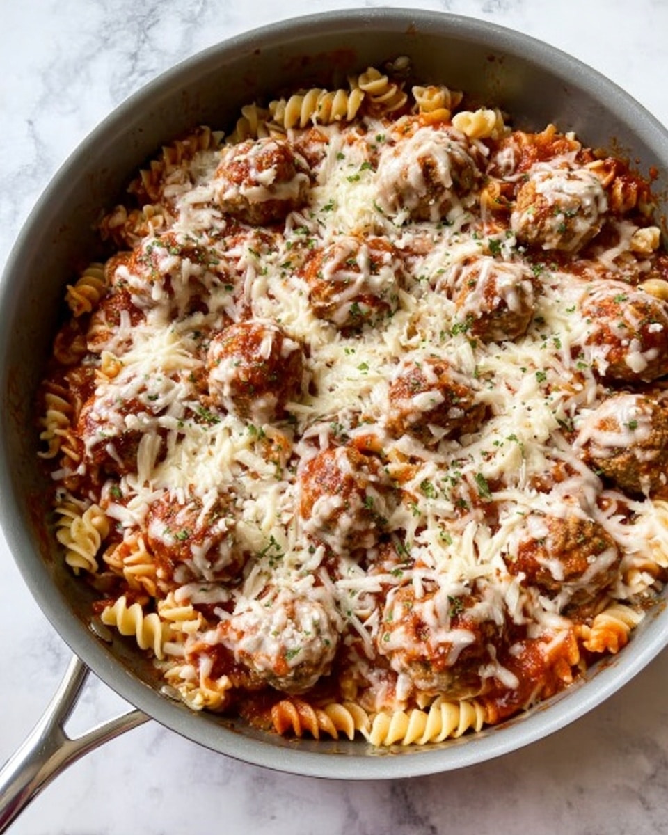 The image shows a large gray pan filled with cooked pasta mixed with meatballs and sauce. On the bottom layer, there are twisted pasta pieces in light brown color. On top of the pasta, there are many round meatballs covered with thick red sauce and scattered shredded white cheese over the whole dish. The cheese looks soft and slightly melting, blending with the sauce and pasta. The pan is placed on a white marbled surface. photo taken with an iphone --ar 4:5 --v 7