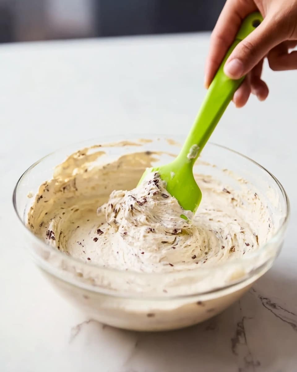 A clear glass bowl holds a creamy mixture with a light beige color and small dark brown bits spread throughout. A woman's hand is holding a bright green spatula, stirring the mixture in the bowl. The texture looks thick and smooth with some slight peaks from stirring. The bowl sits on a white marbled surface with a soft focus on the dark blurred background. Photo taken with an iphone --ar 4:5 --v 7