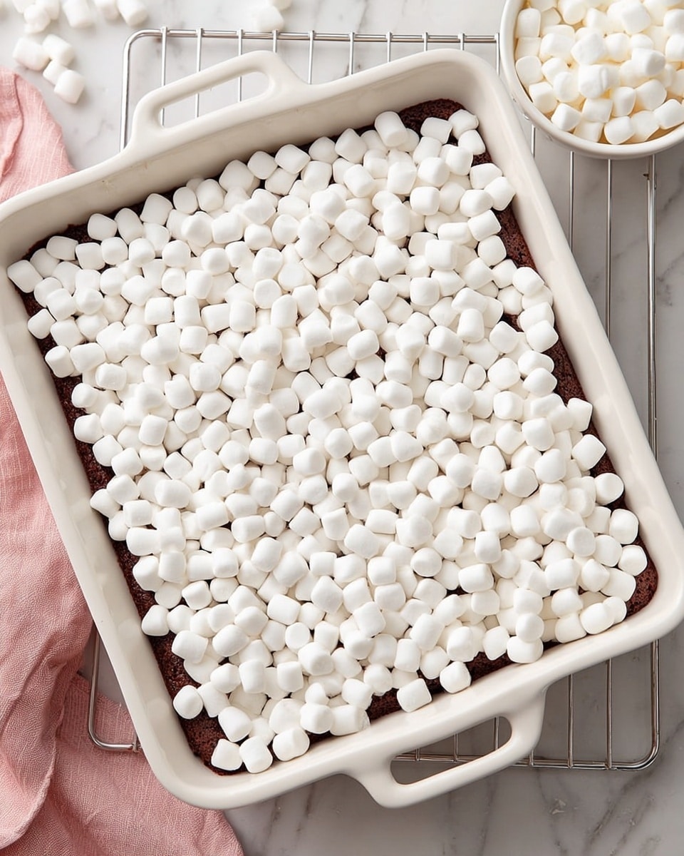 A square white baking dish filled with one layer of dark brown, dense cake at the bottom and covered with a thick layer of small, soft, white marshmallows evenly spread on top. The dish is placed on a silver wire rack, sitting on a white marbled surface. In the top right corner, there is a white bowl filled with more small white marshmallows. A corner of a pink cloth is visible in the bottom left. Photo taken with an iphone --ar 4:5 --v 7